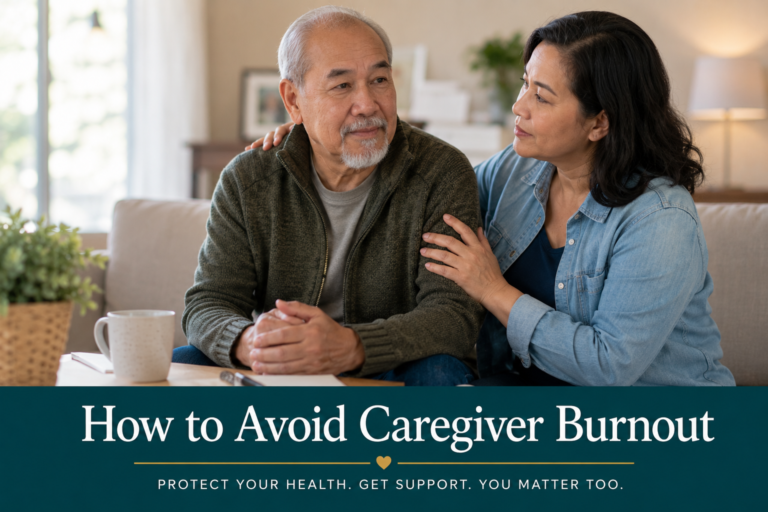 Adult daughter comforting her elderly father at home during a quiet caregiving moment, with the message “How to Avoid Caregiver Burnout.”