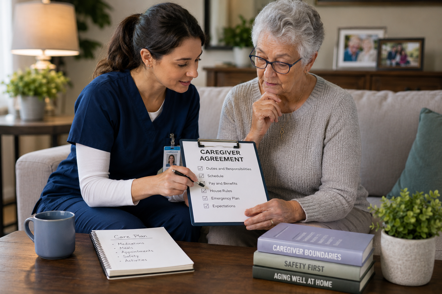 Caregiver reviewing a written caregiver agreement and care plan with an elderly woman at home.