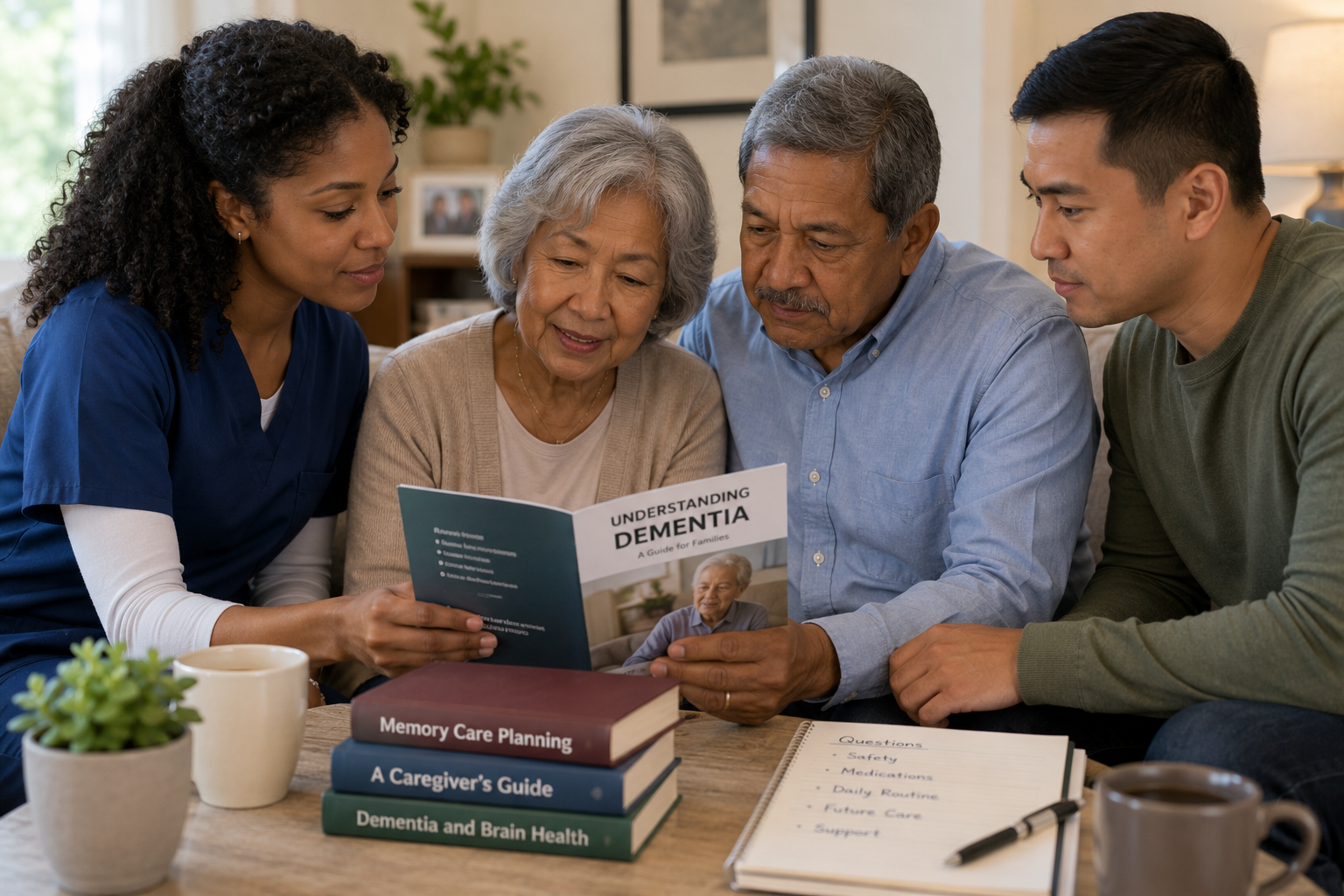 Diverse family and caregiver reviewing a dementia care guide together while planning support for an elderly loved one.