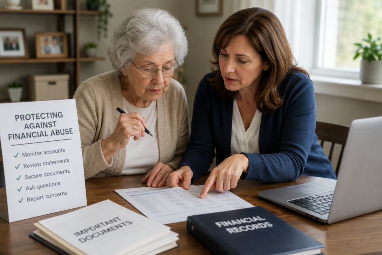 Adult daughter helping her elderly mother review financial records and safety steps to prevent elder financial abuse.