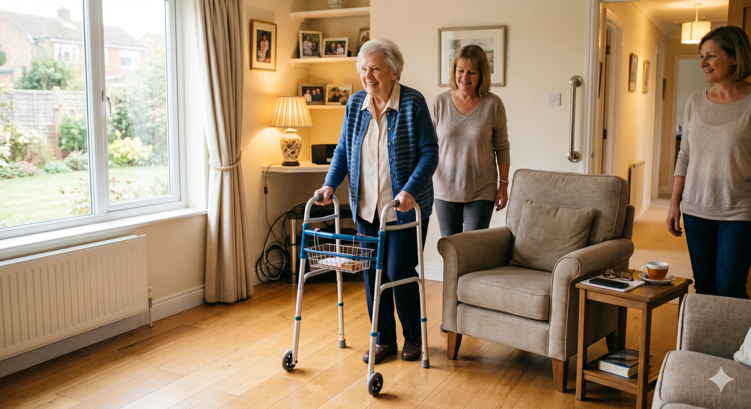 An elderly woman smiling as she navigates a bright, clutter-free living room with hardwood floors using a blue rolling walker. Two smiling female caregivers or family members stand protectively in the background, and a metal grab bar is securely mounted on the wall near the hallway entrance.