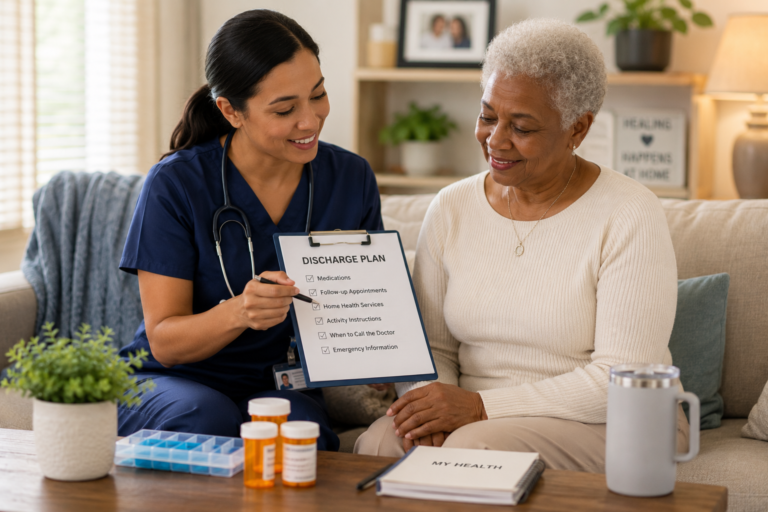 Home health nurse reviewing a hospital discharge plan with an elderly patient to help prevent readmission after returning home.