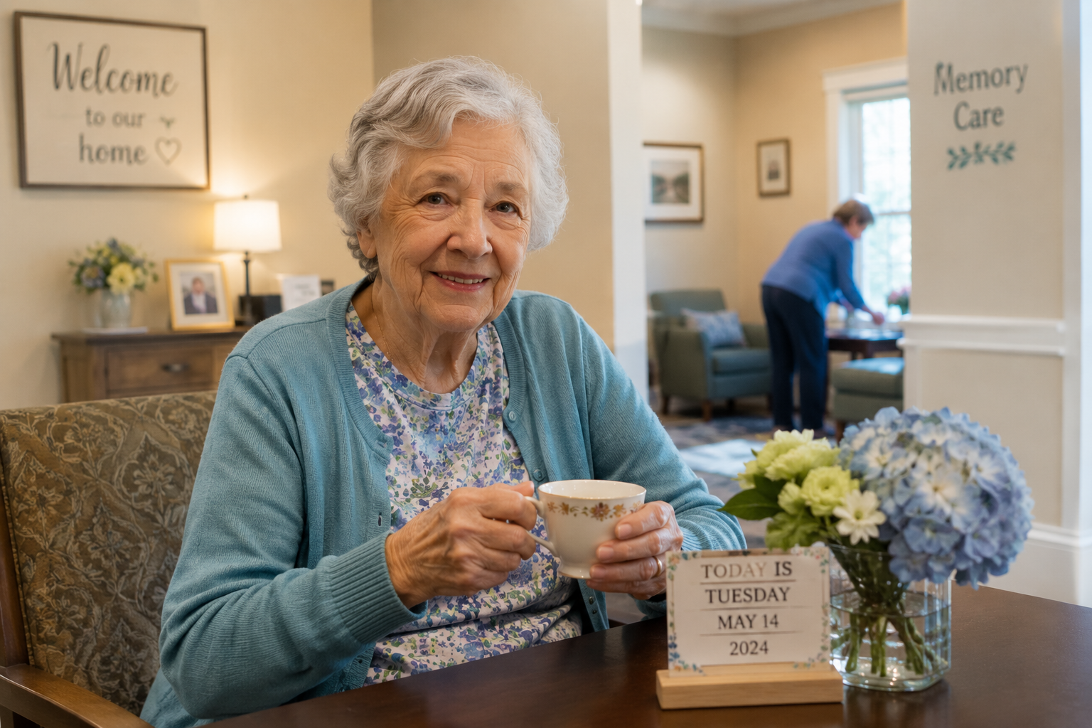 Elderly woman smiling with a cup of tea in a warm memory care area with orientation signs and a calm, supportive environment.