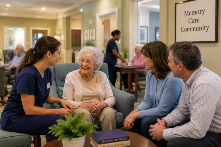 Nurse speaking with an elderly woman and her family in a warm memory care community common area.