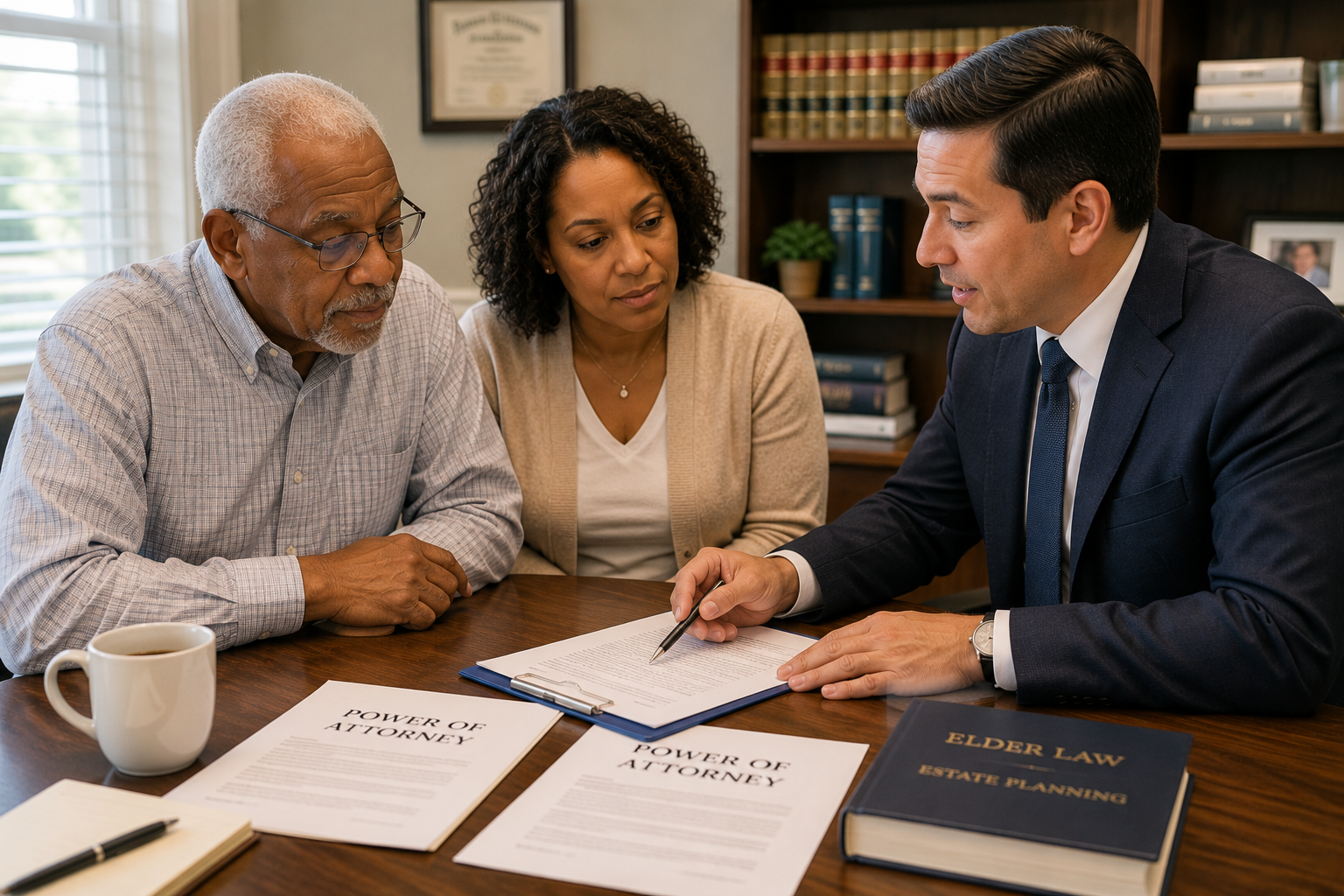 Elderly man and adult daughter meeting with an elder law attorney to review power of attorney documents for senior care planning.