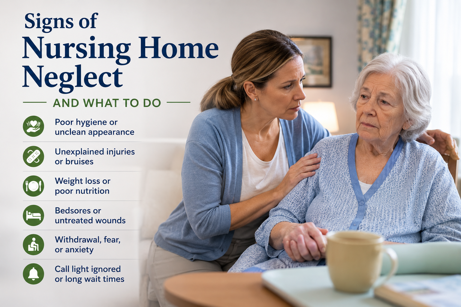 Concerned caregiver comforting an elderly woman while highlighting common signs of nursing home neglect.