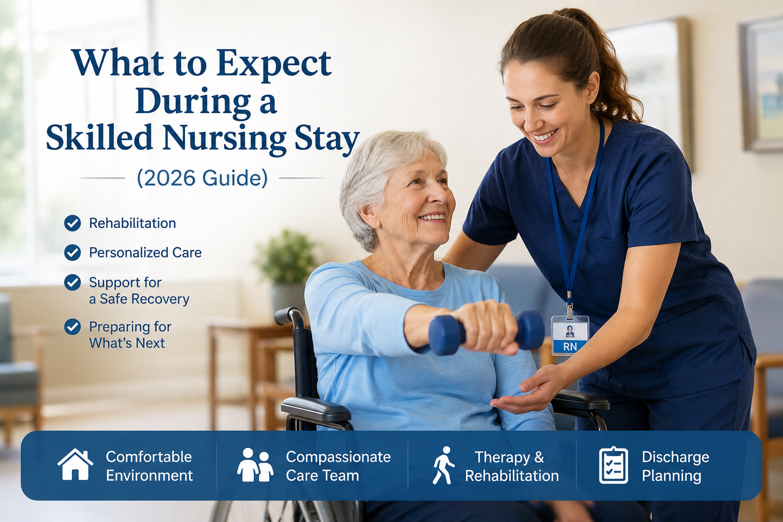 Smiling nurse assisting an elderly woman in a wheelchair during rehabilitation in a skilled nursing setting.