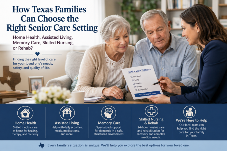 Senior care advisor helping an elderly Texas couple compare home health, assisted living, memory care, skilled nursing, and rehab options.