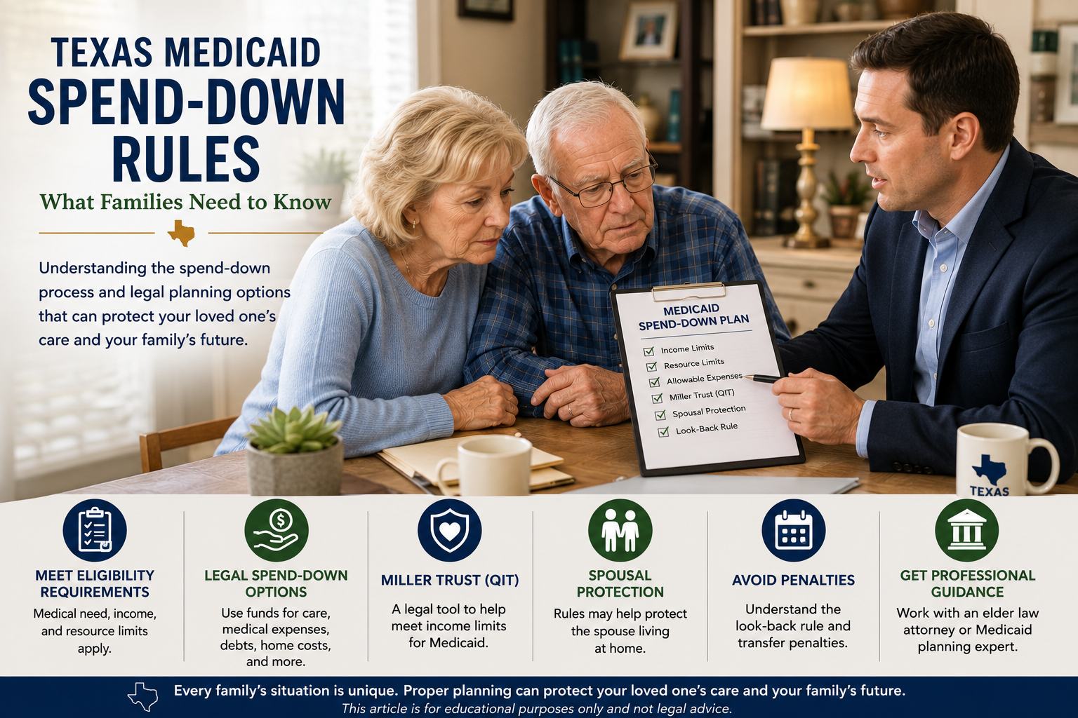 Elder law advisor explaining Texas Medicaid spend-down rules to an elderly couple during a senior care planning meeting.