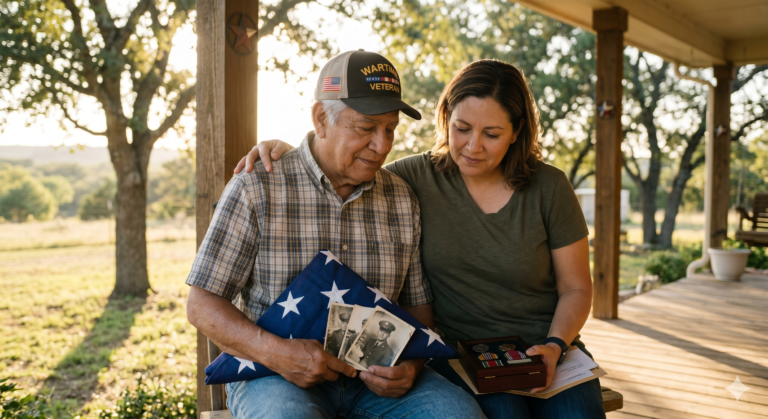An elderly veteran in a 'Wartime Veteran' hat sits on a sunlit porch with a younger woman. They are looking at a folded American flag, old military photos, and a box of medals. The atmosphere is warm and emotive.