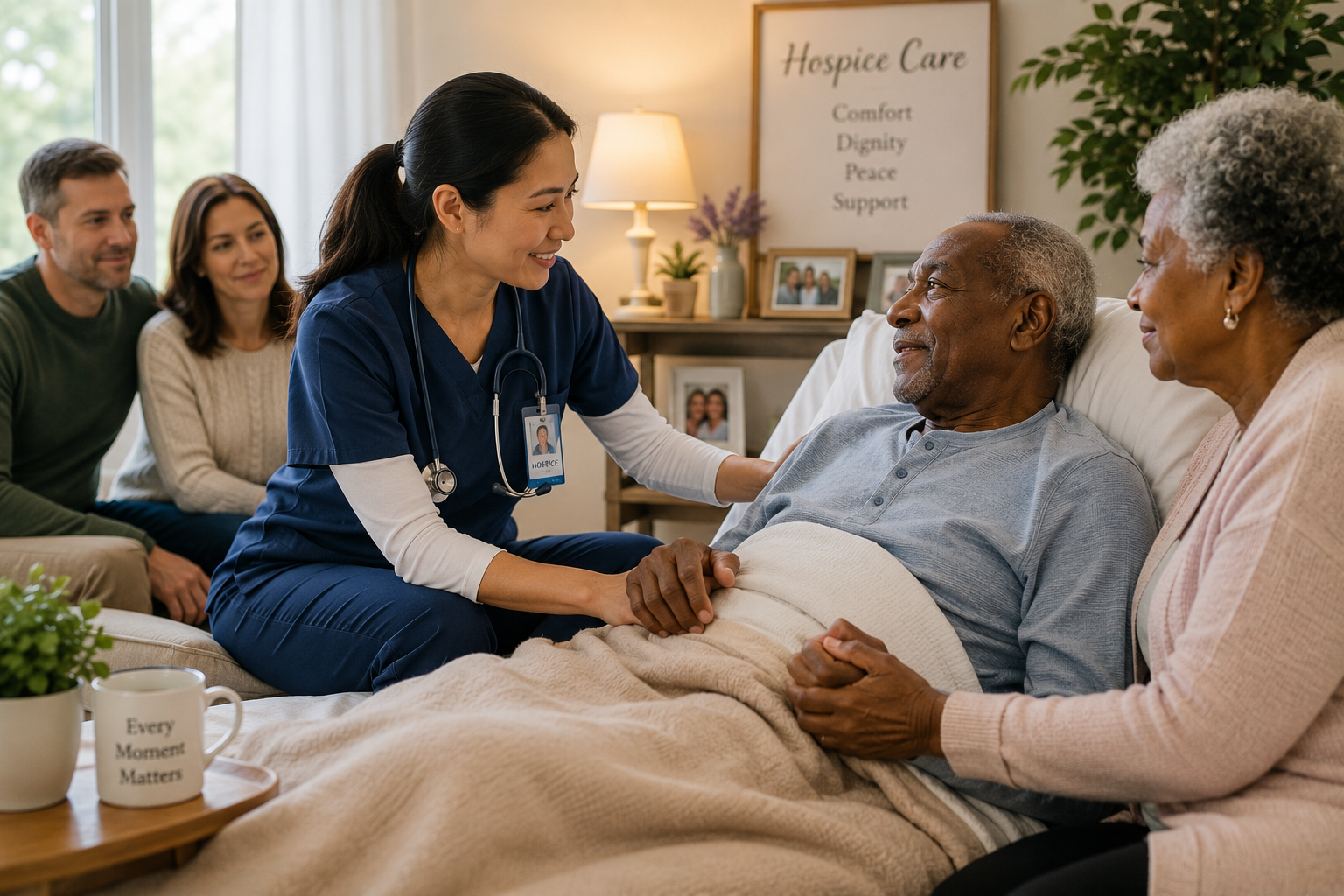 Hospice nurse comforting an elderly man in bed while his family sits nearby in a warm, peaceful care setting.